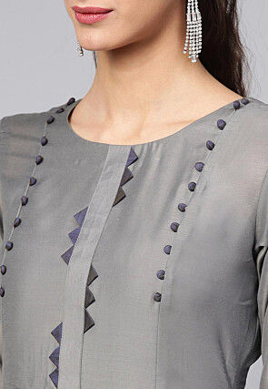 Contrast Trim Muslin Silk A Line Kurta in Grey