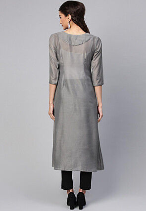 Contrast Trim Muslin Silk A Line Kurta in Grey