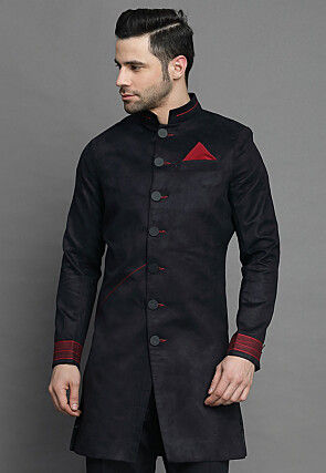 Contrast Trim Suede Sherwani in Black