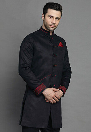 Contrast Trim Suede Sherwani in Black
