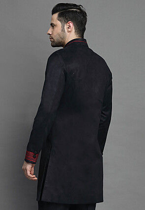 Contrast Trim Suede Sherwani in Black
