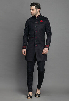Contrast Trim Suede Sherwani in Black