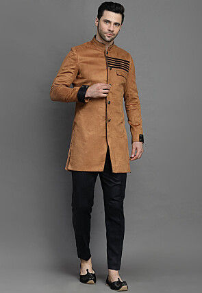Contrast Trim Suede Sherwani in Brown