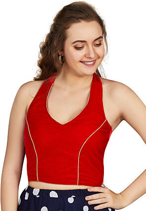 Contrast Trim Velvet Blouse in Red