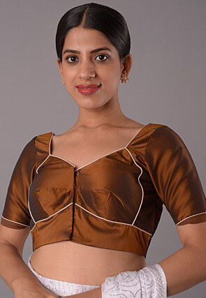 Contrast Trims Art Silk Blouse in Brown