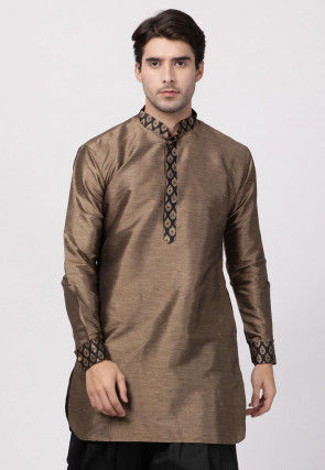 Contrast Trims Art Silk Short Kurta in Brown