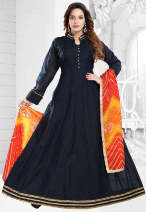 Contrast Trims Chanderi Silk Abaya Style Suit in Navy Blue