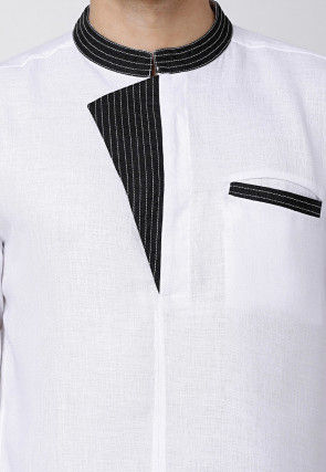Contrast Trims Cotton Short Kurta in White