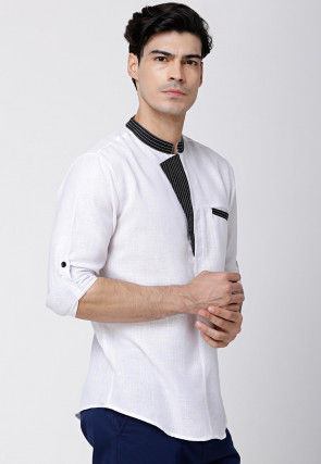 Contrast Trims Cotton Short Kurta in White