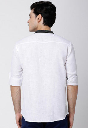 Contrast Trims Cotton Short Kurta in White
