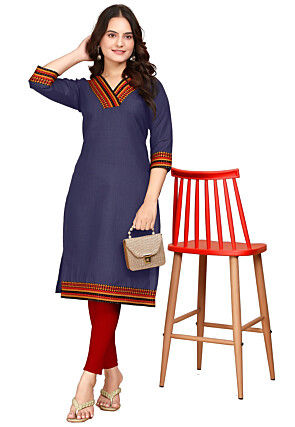 Contrast Trims Cotton Straight Kurta in Blue
