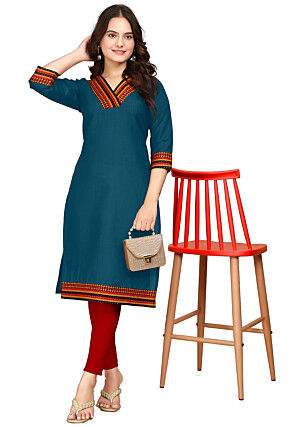 Contrast Trims Cotton Straight Kurta in Teal Blue