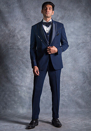 Contrast Trims Pure Terry Rayon Tuxedo Set in Navy Blue