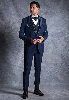 Contrast Trims Pure Terry Rayon Tuxedo Set in Navy Blue