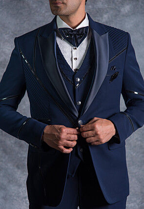 Contrast Trims Pure Terry Rayon Tuxedo Set in Navy Blue