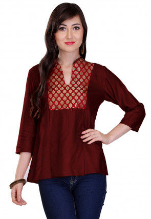 Contrast Yoke Cotton Silk Top in Maroon
