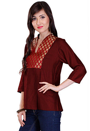 Contrast Yoke Cotton Silk Top in Maroon
