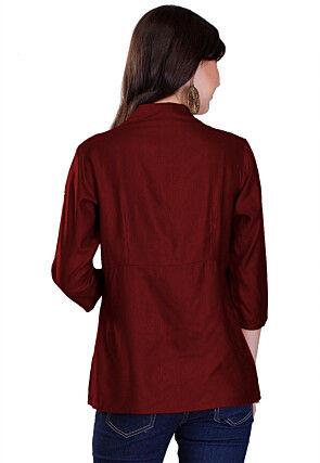 Contrast Yoke Cotton Silk Top in Maroon