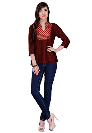 Contrast Yoke Cotton Silk Top in Maroon