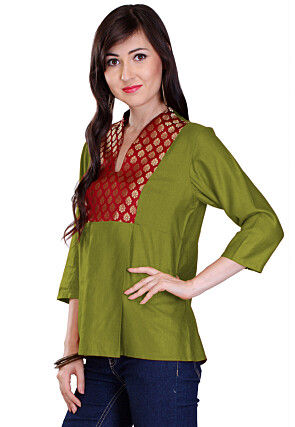 Contrast Yoke Cotton Silk Top in Olive Green