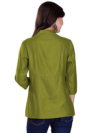 Contrast Yoke Cotton Silk Top in Olive Green