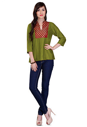 Contrast Yoke Cotton Silk Top in Olive Green