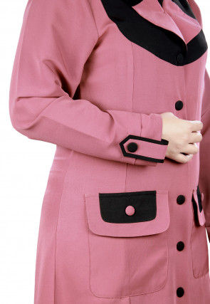 Contrast Yoke Polyester Nida Front Open Abaya in Old Rose