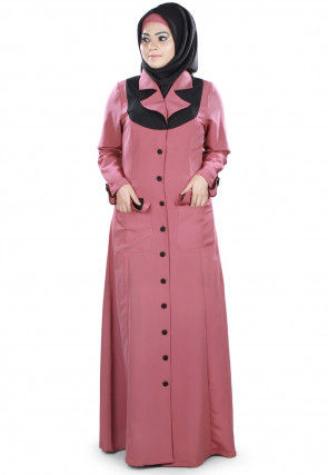 Contrast Yoke Polyester Nida Front Open Abaya in Old Rose