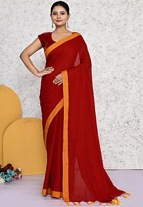 Contrat Border Cotton Saree in Red