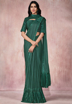 Corsaged Pallu Lycra Pre-stitched Saree in Dark Green