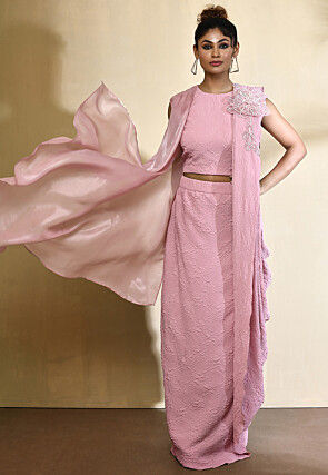 Corsaged Polyester Crop Top Skirt with attached Dupatta in Pink