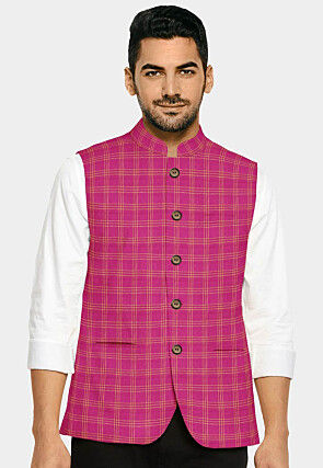 Cotton Nehru Jacket in Fuchsia