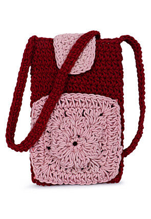 Crochette Thread Mobile Pouch in Maroon and Pink