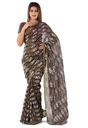 Dabu Printed Chanderi Cotton Saree in Brown