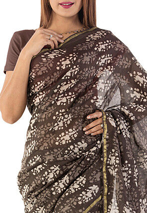 Dabu Printed Chanderi Cotton Saree in Brown