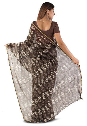 Dabu Printed Chanderi Cotton Saree in Brown