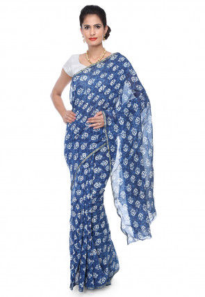 Dabu Printed Chanderi Cotton Saree in Indigo Blue