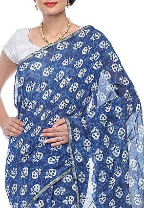 Dabu Printed Chanderi Cotton Saree in Indigo Blue