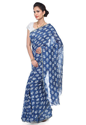 Dabu Printed Chanderi Cotton Saree in Indigo Blue
