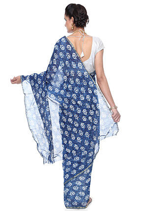 Dabu Printed Chanderi Cotton Saree in Indigo Blue