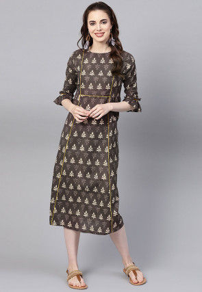Dabu Printed Cotton A Line Kurta in Brown