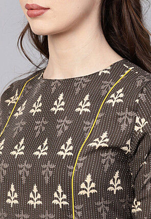 Dabu Printed Cotton A Line Kurta in Brown