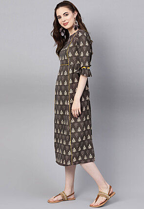 Dabu Printed Cotton A Line Kurta in Brown