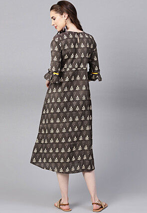 Dabu Printed Cotton A Line Kurta in Brown