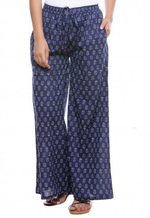 Dabu Printed Cotton Flared Palazzo in Navy Blue