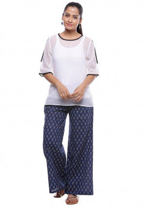 Dabu Printed Cotton Flared Palazzo in Navy Blue