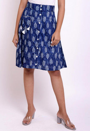 Dabu Printed Cotton Front Open Skirt in Indigo Blue