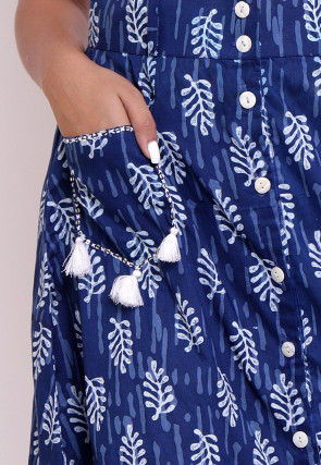 Dabu Printed Cotton Front Open Skirt in Indigo Blue