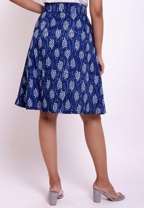 Dabu Printed Cotton Front Open Skirt in Indigo Blue