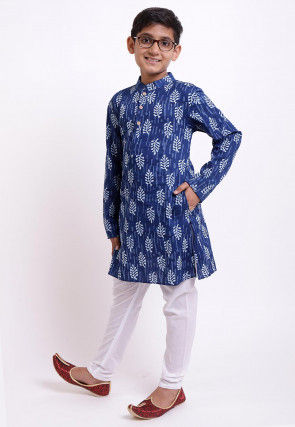 Dabu Printed Cotton Kurta Set in Indigo Blue